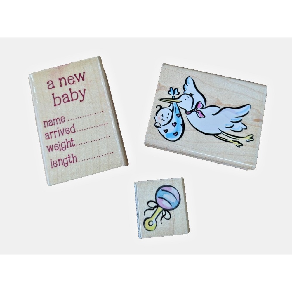 Wood Mounted Rubber Stamp Lot (3) Baby Shower Announcement Stampede Stork Rattle